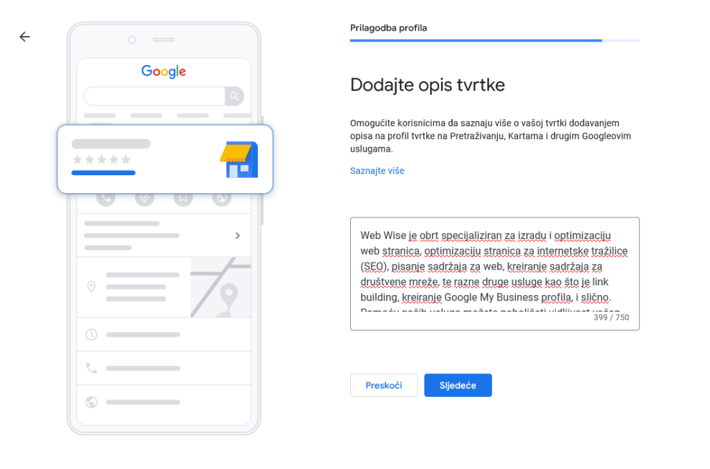 dodavanje opisa tvrtke