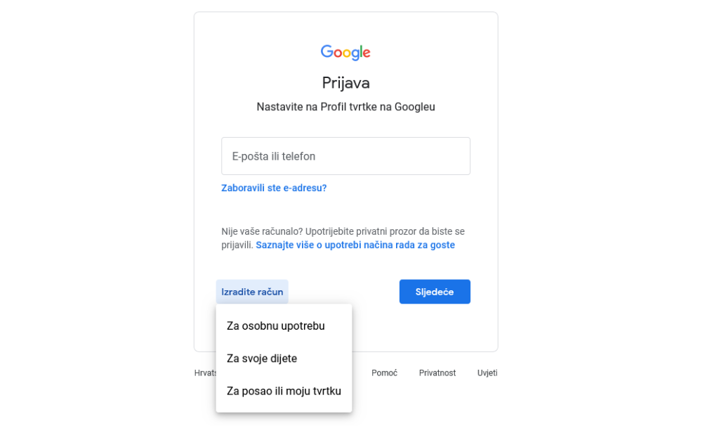 Izrada novog računa za tvrtku