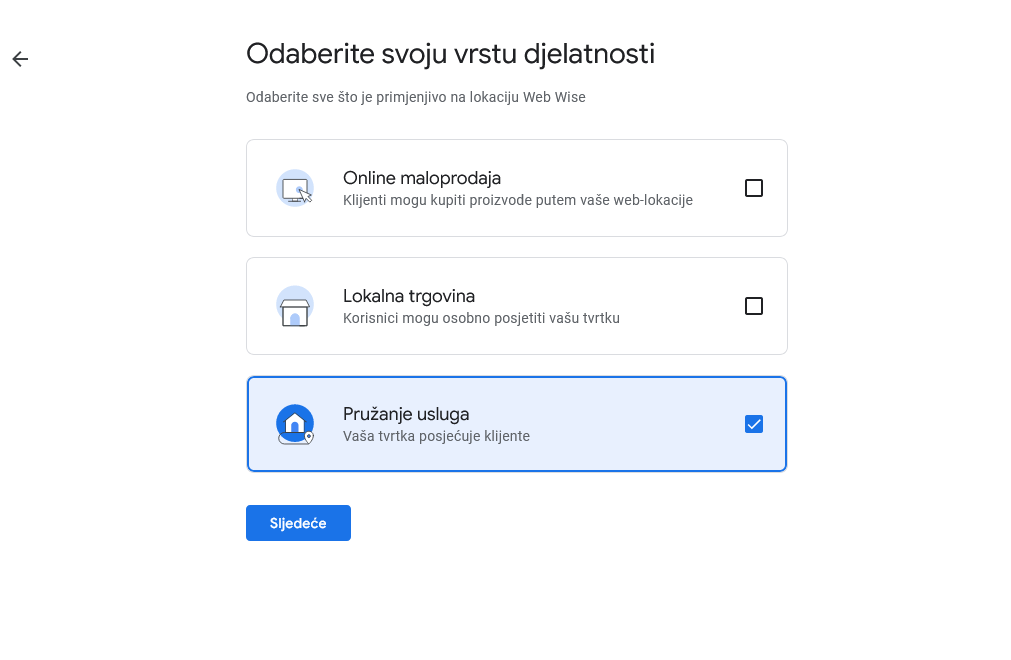 Odabir vrste djelatnosti