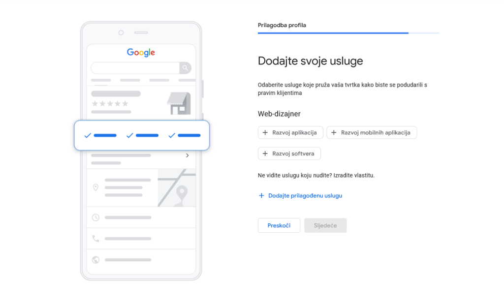Detaljno dodavanje usluga na profil